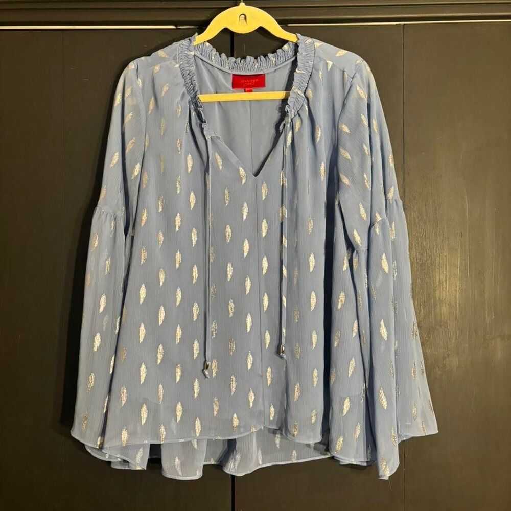 Women's Jennifer Lopez Baby Blue Blouse – Silver Sparkle Dash Pattern – XL